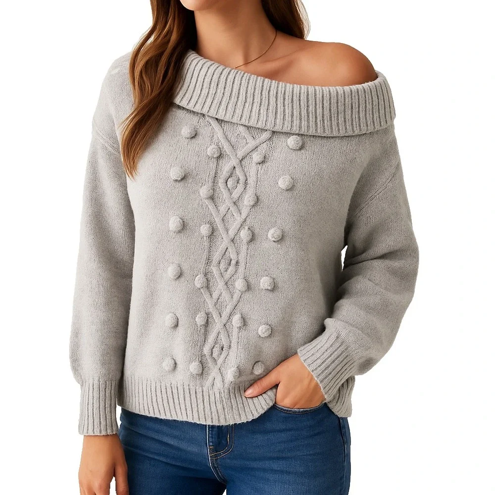 Womens 1X Gray Knit‎ Bobble Sweater Pullover Off Shoulder Slouchy Collar Winter